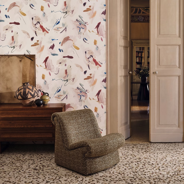 Cream wallpaper with loose blush, ochre, blue and charcoal painterly marks