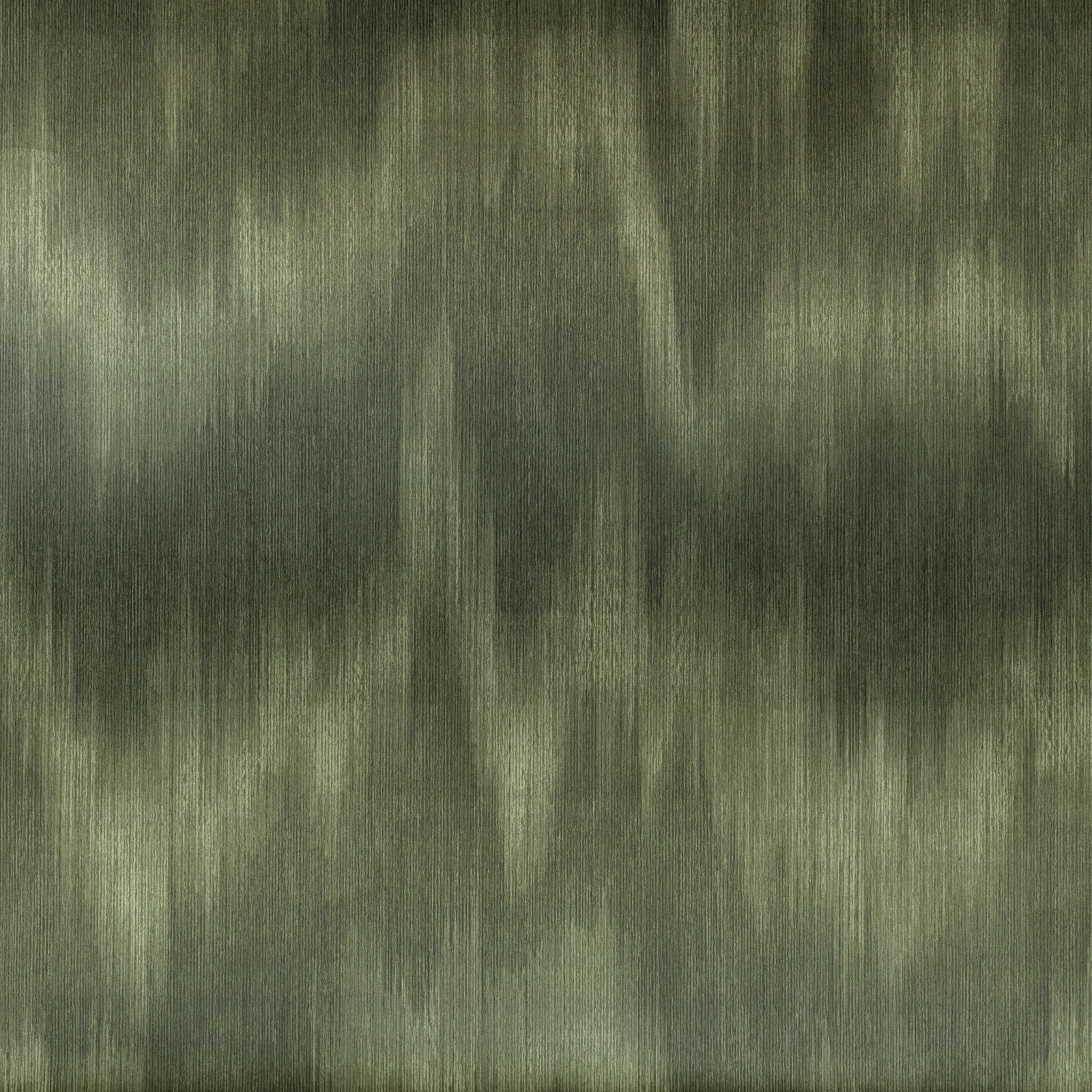 Deep olive green wallcovering with vertical cloudy striations and brushed tonal variation