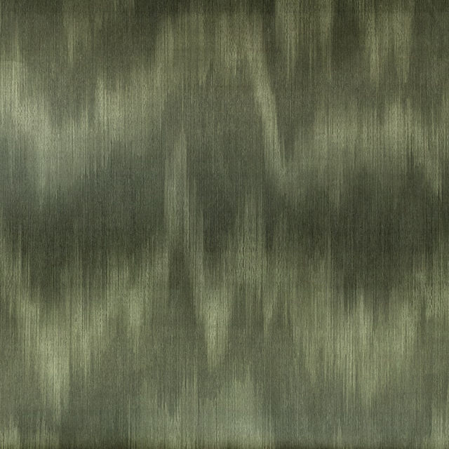 Deep olive green wallcovering with vertical cloudy striations and brushed tonal variation