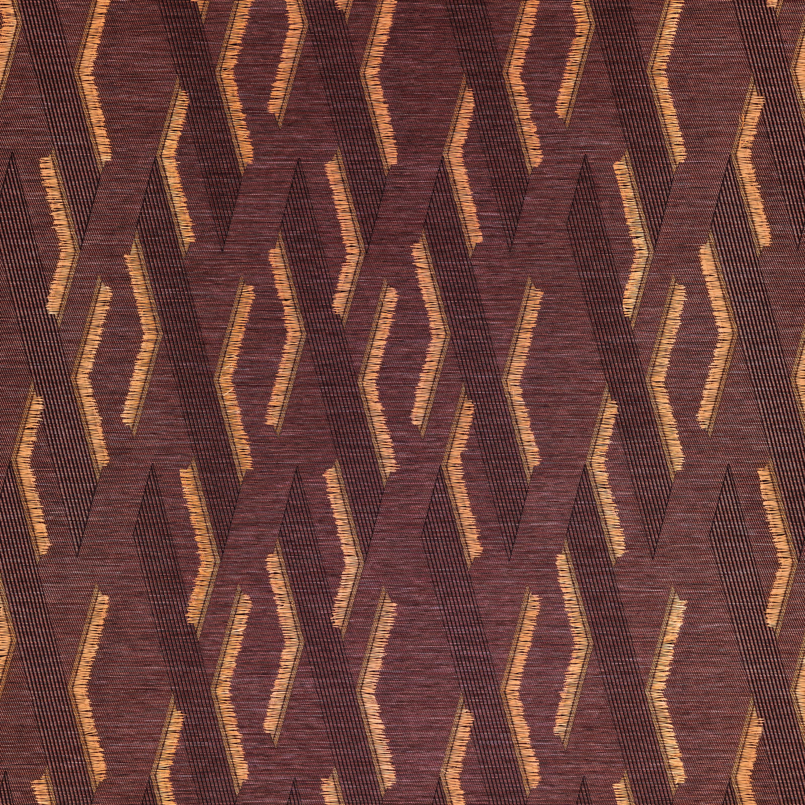 Deep plum brown wallpaper with angular gold-copper zigzags and fine striated texture