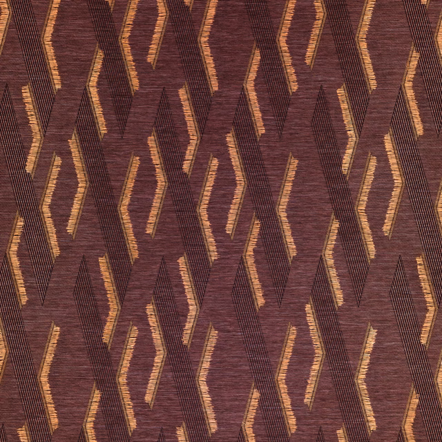 Deep plum brown wallpaper with angular gold-copper zigzags and fine striated texture