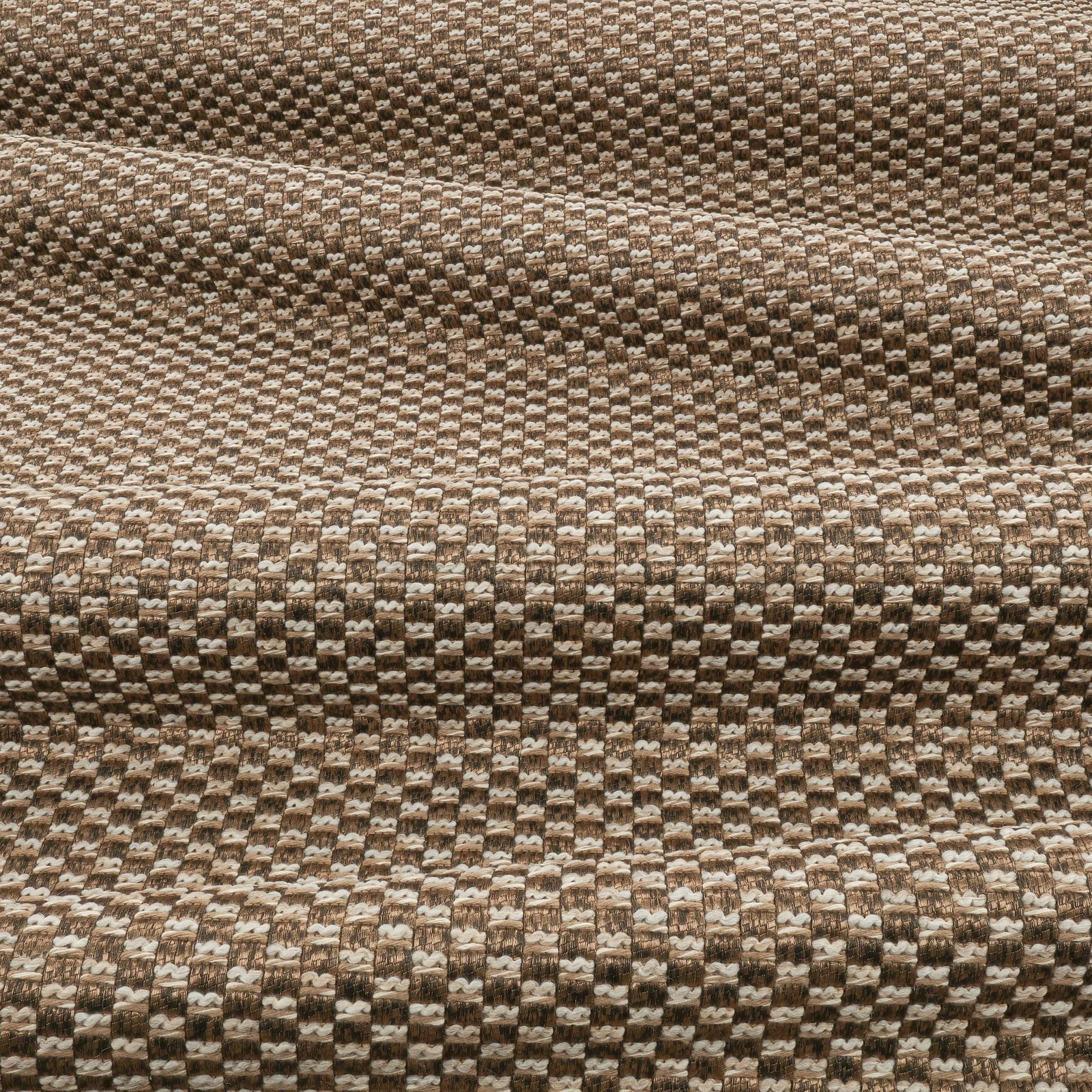 Close-up of Nava Sepia’s warm sepia and cream checked, looped weave