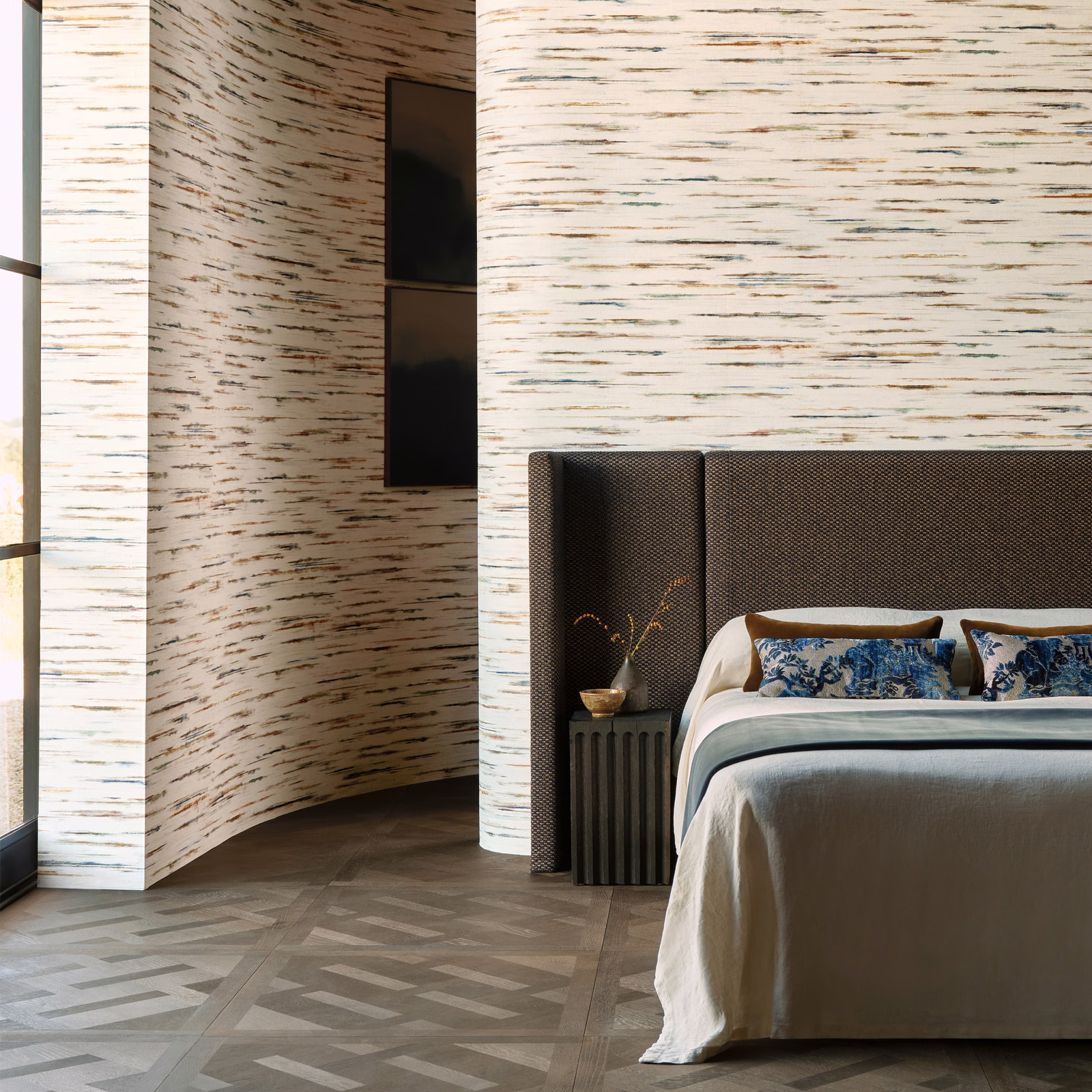 Ivory ashlar wallpaper with broken charcoal, taupe and muted green horizontal strokes