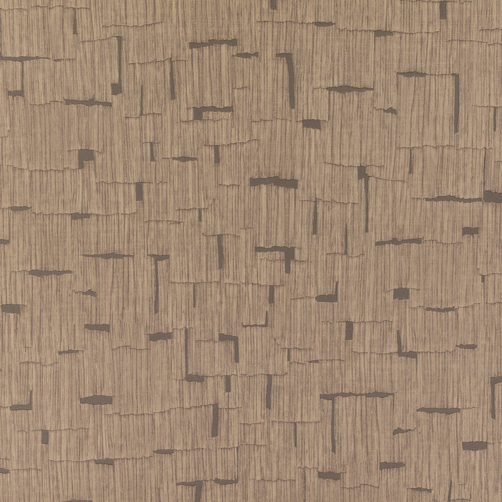 Warm taupe wallpaper with fine vertical lines and irregular charcoal-brown breaks
