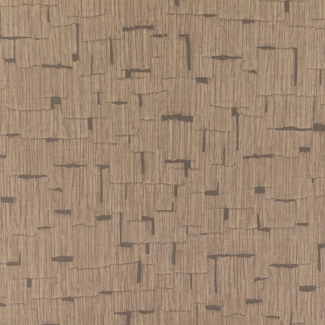 Warm taupe wallpaper with fine vertical lines and irregular charcoal-brown breaks