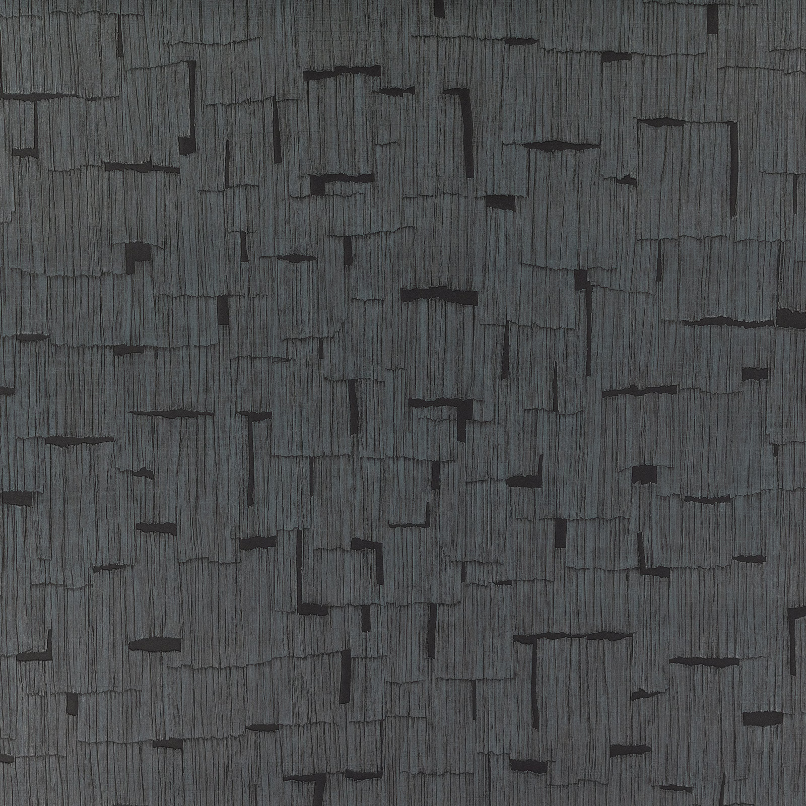 Charcoal-grey wallpaper with vertical striations and irregular black-edged rectangular blocks