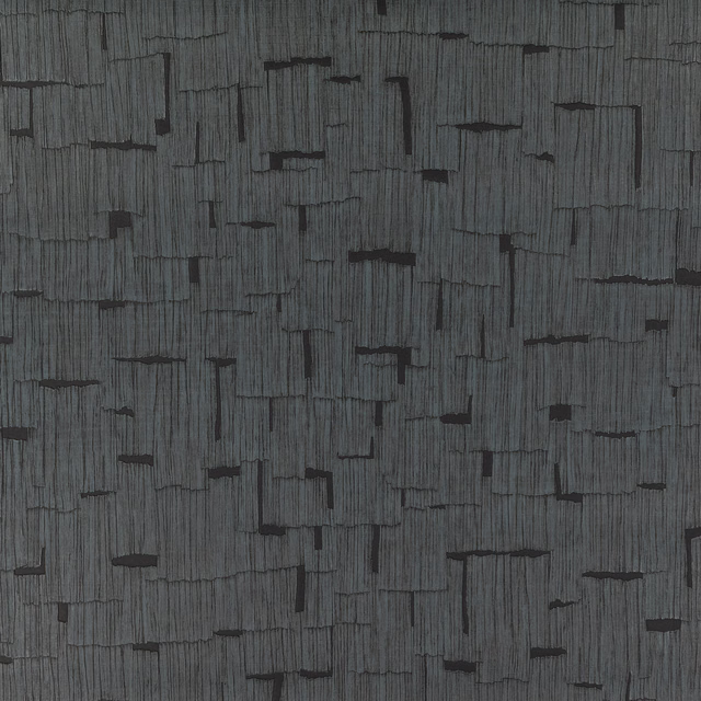 Charcoal-grey wallpaper with vertical striations and irregular black-edged rectangular blocks