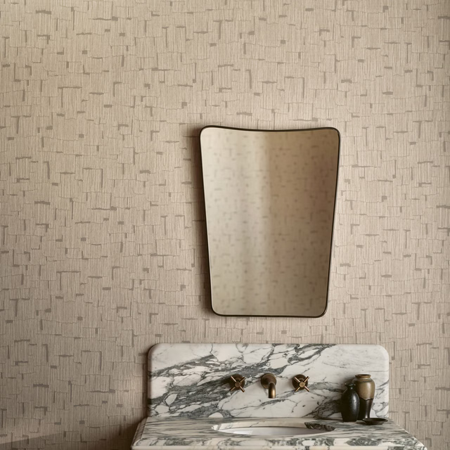 Warm greige wallpaper with fine broken rectangular marks and subtle mottled texture