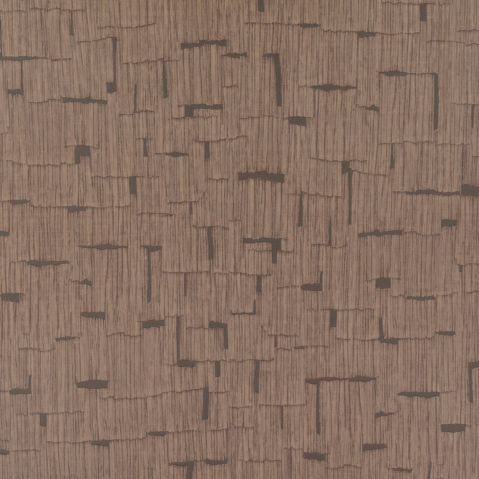 Warm walnut wallpaper with fine vertical striations and broken dark block lines