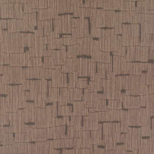 Warm walnut wallpaper with fine vertical striations and broken dark block lines