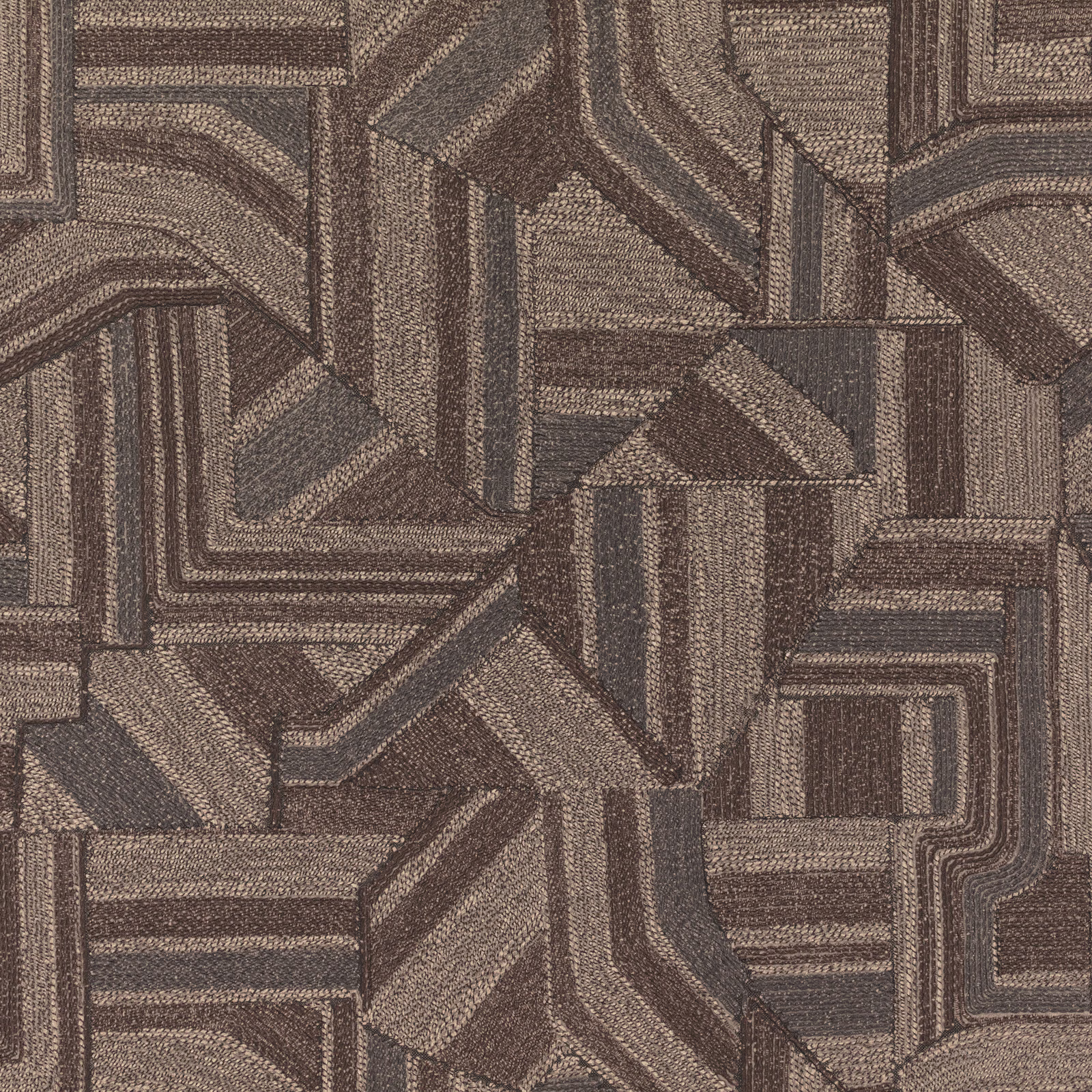 Anthracite wallpaper with interlocking angular bands in charcoal and taupe-grey tones