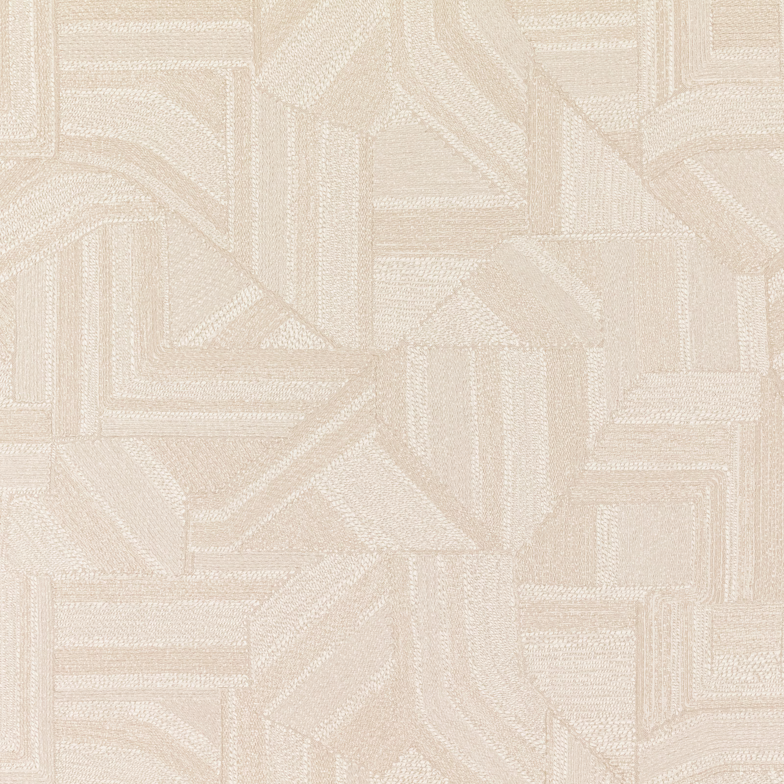 Pale ivory-beige wallcovering with fine linear texture and interlocking angular blocks.