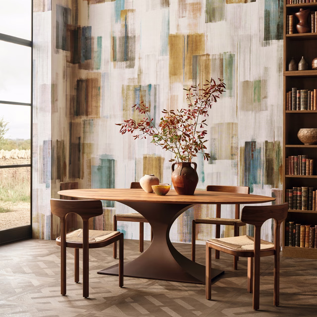Chalky abstract wallpaper with taupe, charcoal, olive and ochre vertical blocks