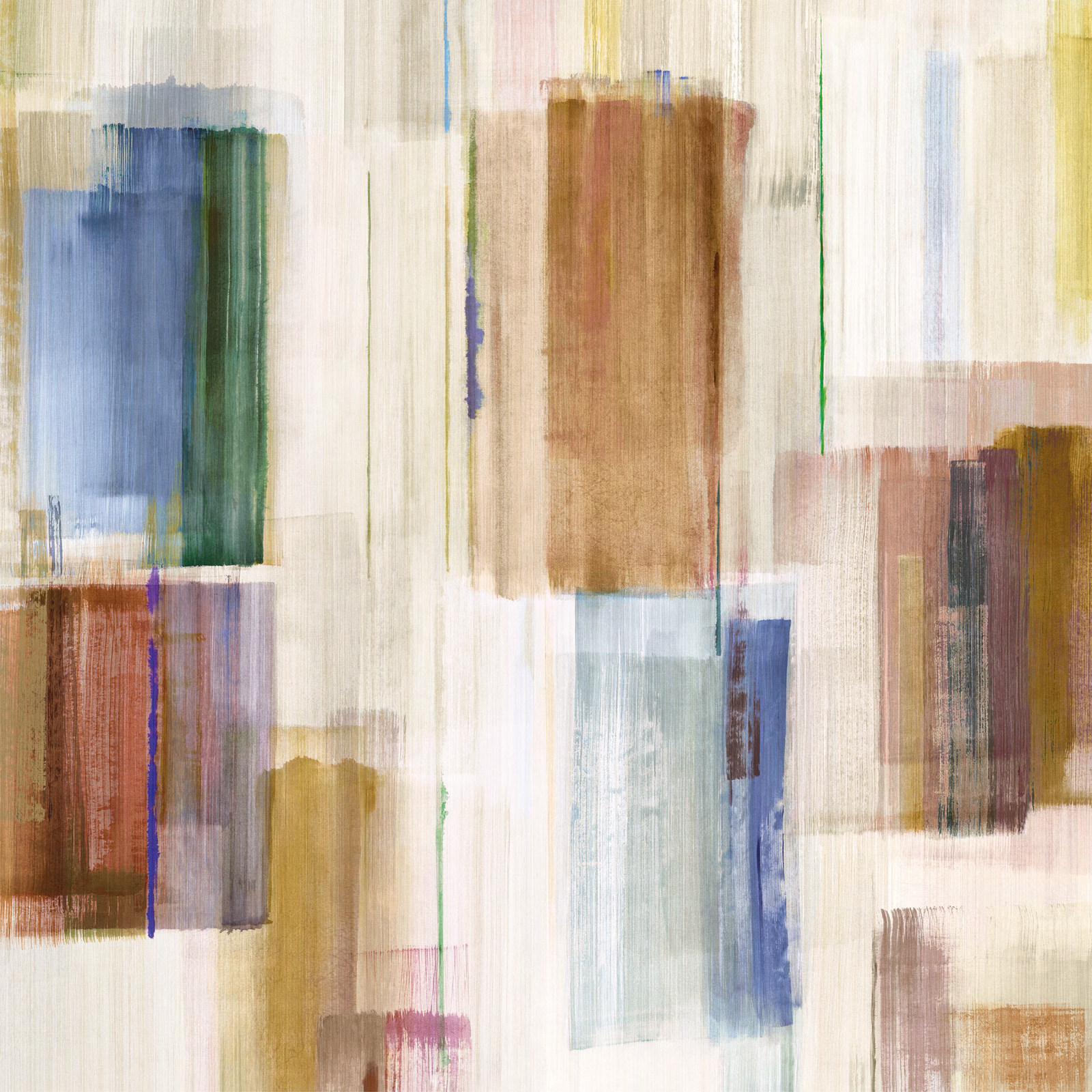 Abstract sienna, ochre, blue and green brushed blocks on an ivory ground