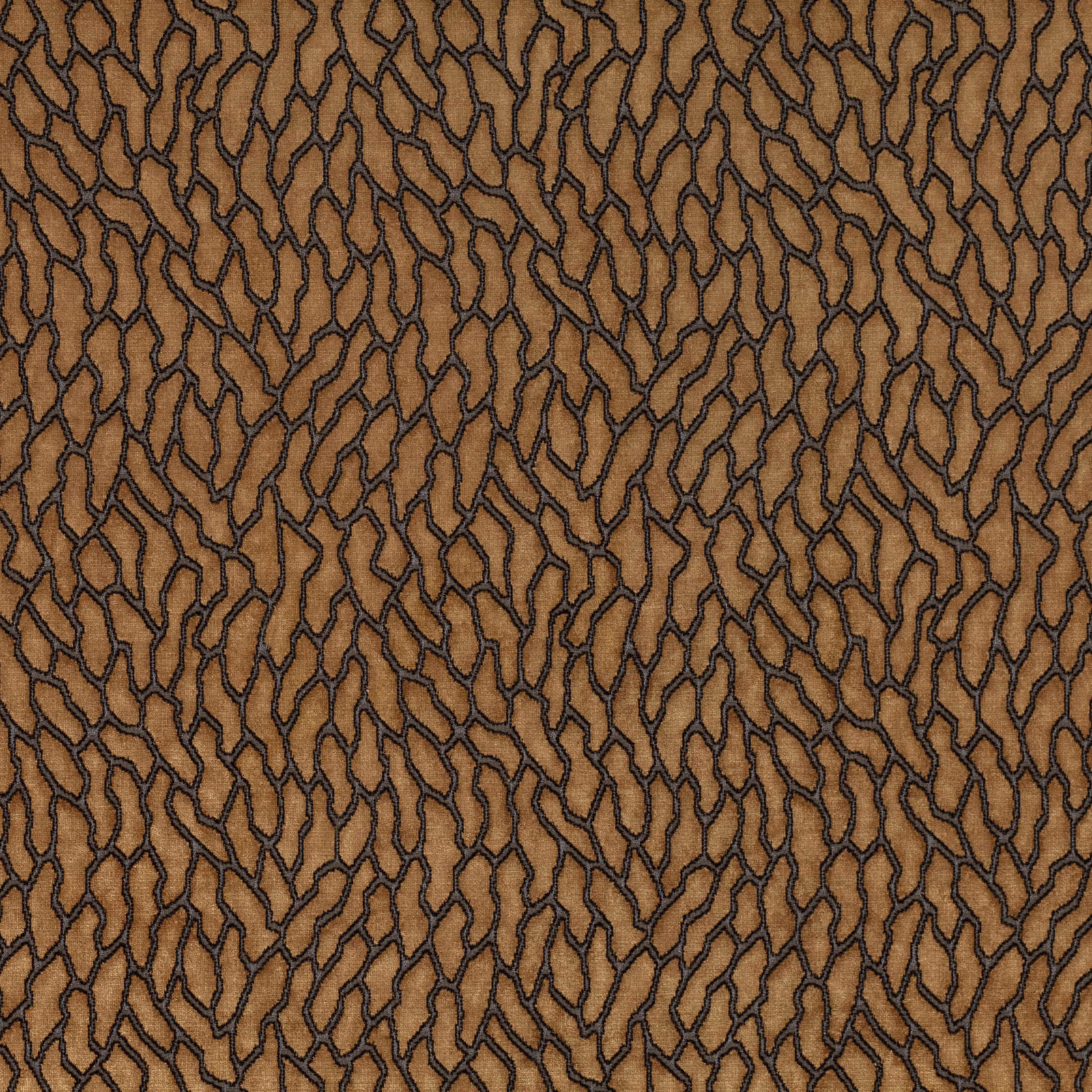 Tobacco-brown textile with charcoal branching lines and a close textured weave