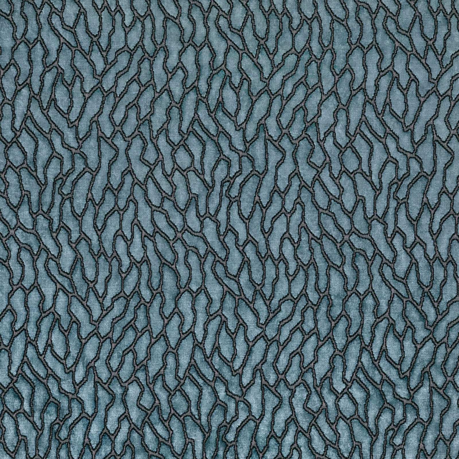 Cool teal textured fabric with dense charcoal-black organic linework