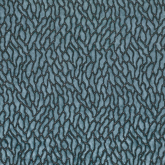 Cool teal textured fabric with dense charcoal-black organic linework