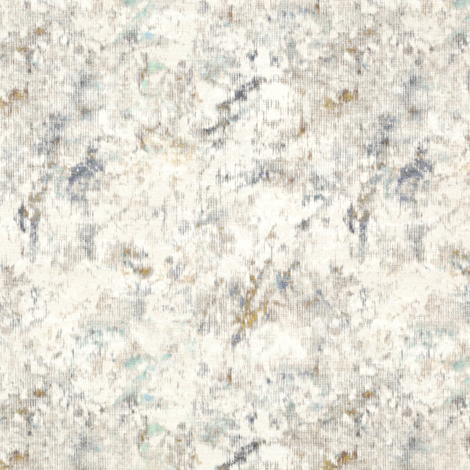 Pale cream woven textile with blue-grey, taupe and ochre mineral markings