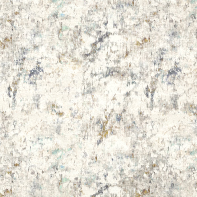 Pale cream woven textile with blue-grey, taupe and ochre mineral markings