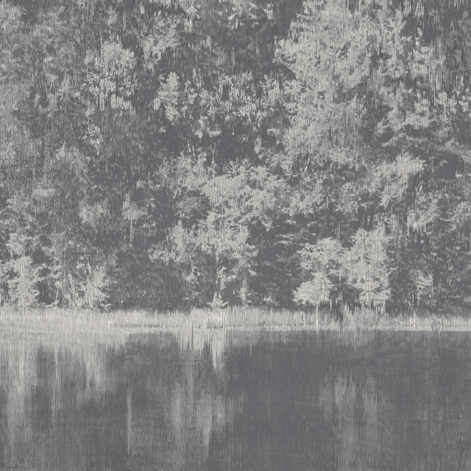 Cool carbon-grey woodland mural with pale treetops and blurred vertical water reflections