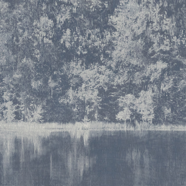 Blue-grey midnight wallpaper panel with mottled texture and a reflective lower band