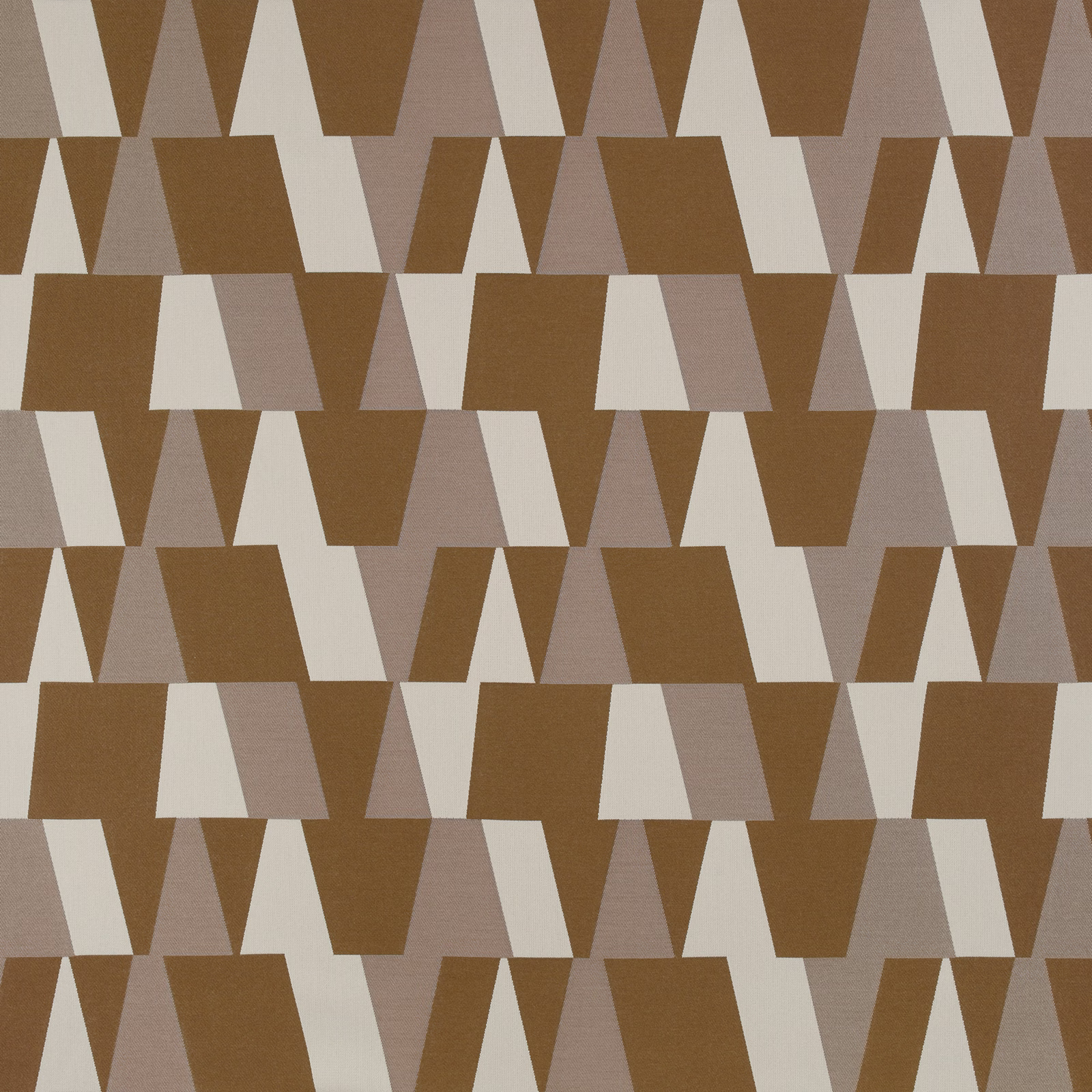 Warm brown, cream and taupe geometric fabric with staggered angular blocks