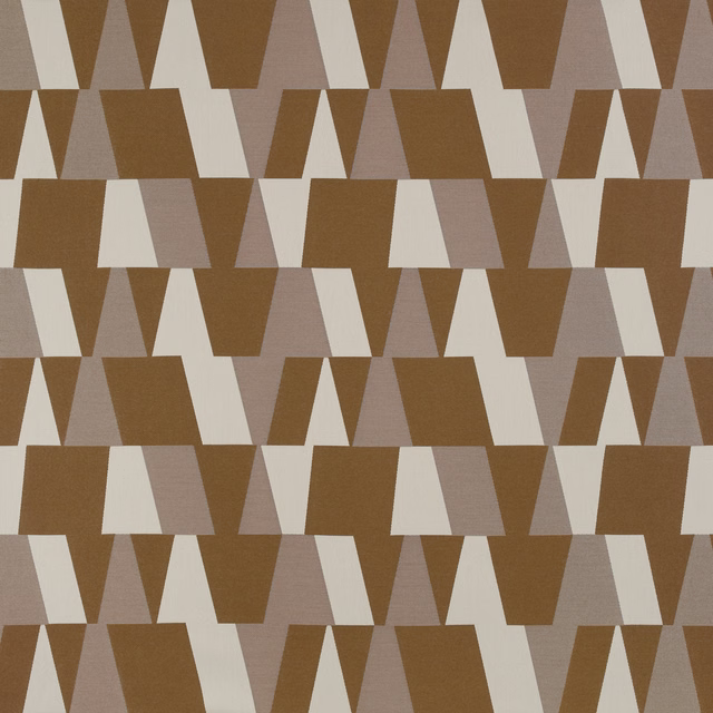 Warm brown, cream and taupe geometric fabric with staggered angular blocks
