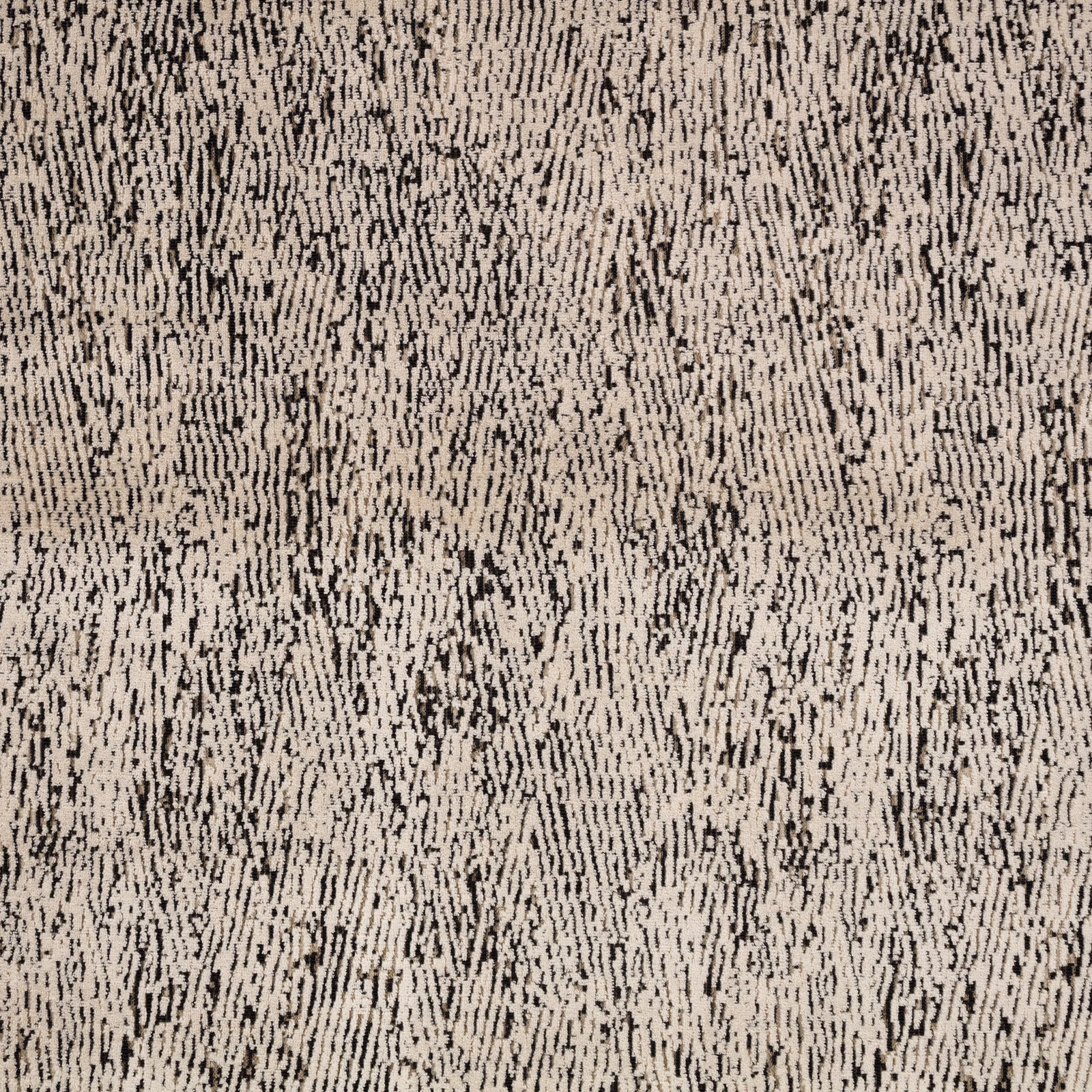Warm beige woven textile with dense black broken vertical marks and tactile texture