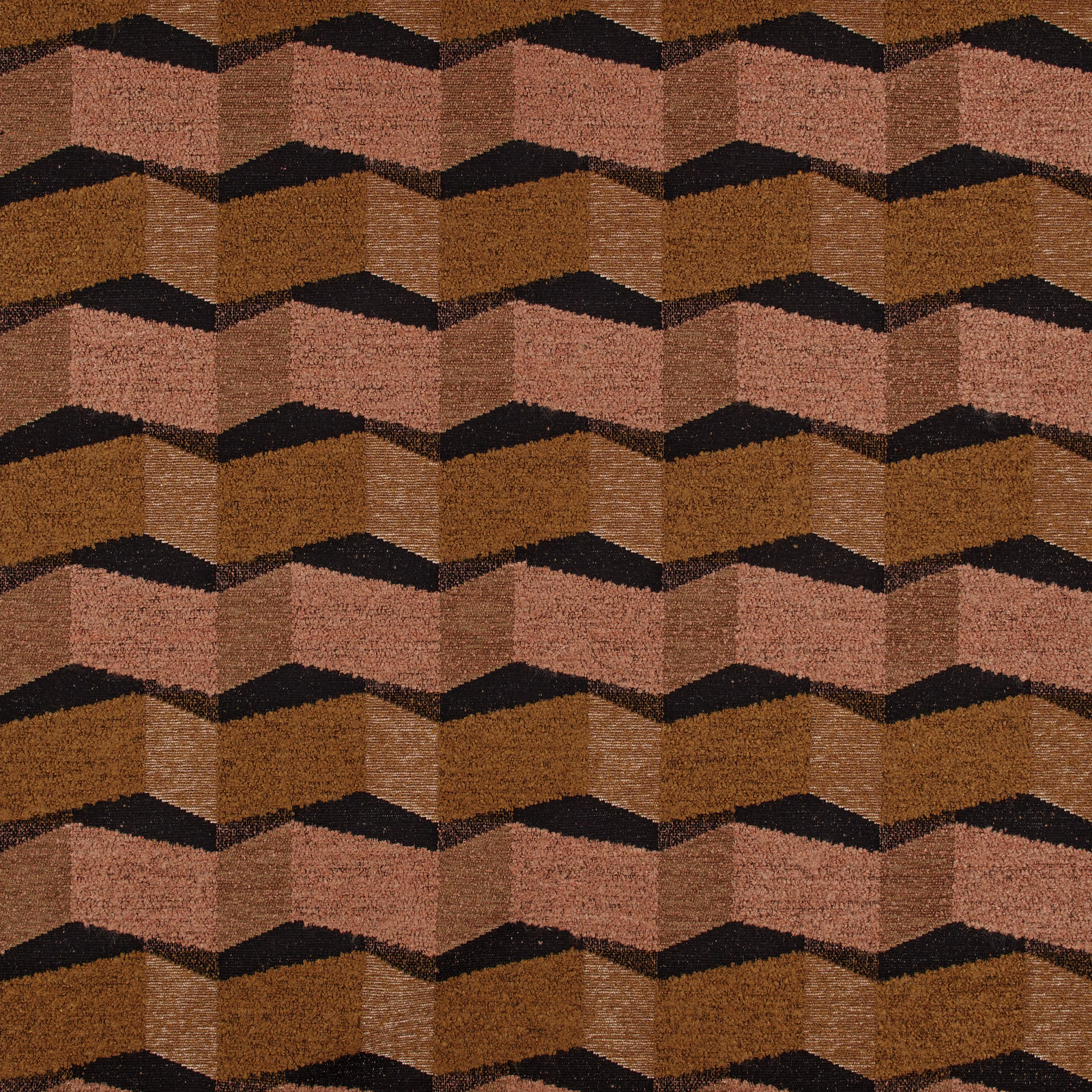 Warm brown woven textile with dusty rose, ochre and black zigzag bands