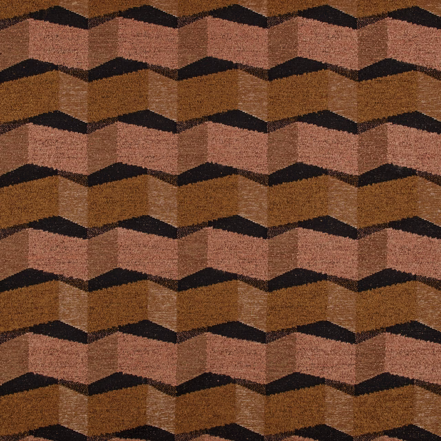 Warm brown woven textile with dusty rose, ochre and black zigzag bands
