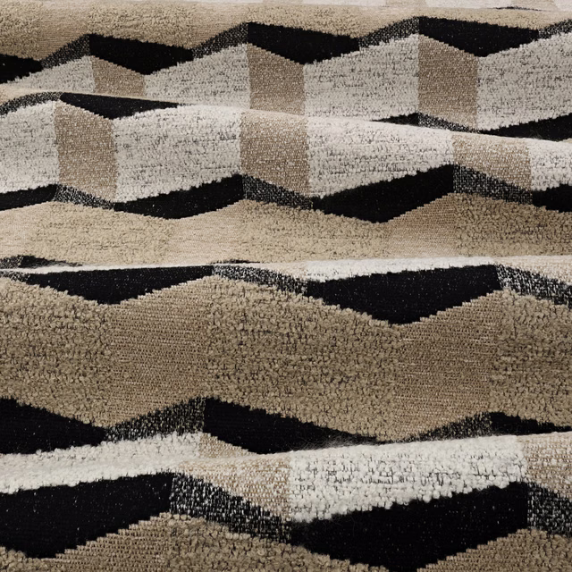 Nubby taupe upholstery with irregular cream and black horizontal geometric bands