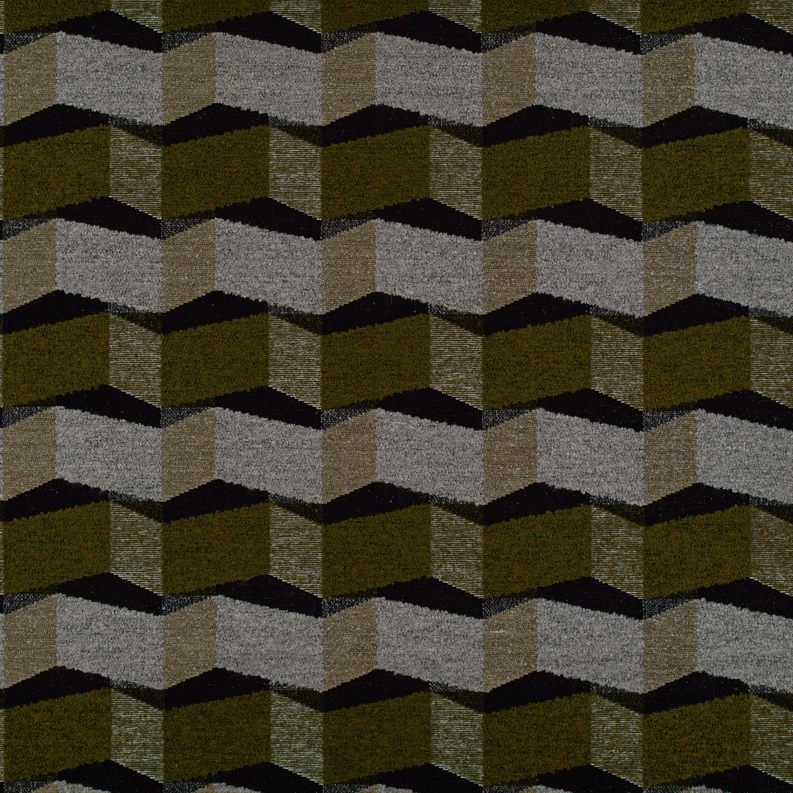 Deep olive, grey and charcoal woven fabric with repeating three-dimensional cube motif