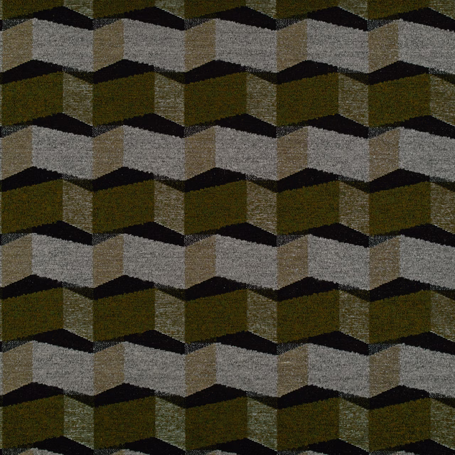 Deep olive, grey and charcoal woven fabric with repeating three-dimensional cube motif