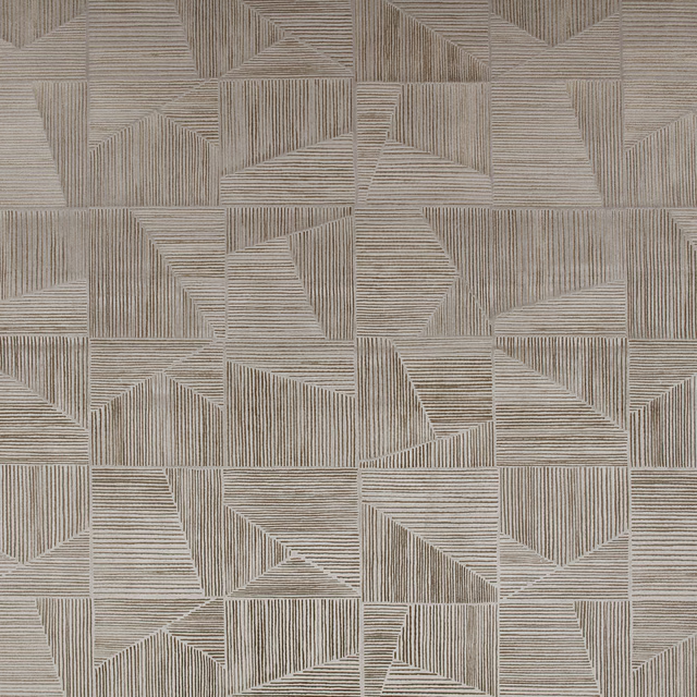 Cool taupe-grey geometric fabric with fine directional stripes and angular blocks