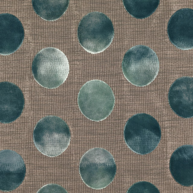 Muted teal circular motifs on a taupe crosshatched woven fabric ground
