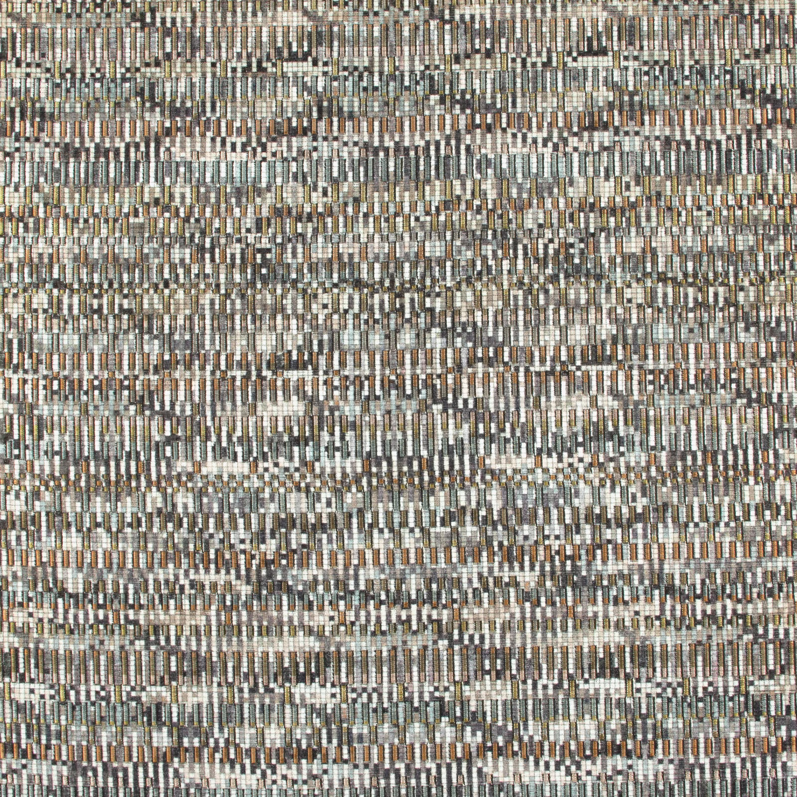 Gunmetal grey woven textile with ivory, taupe and muted rust linear flecks