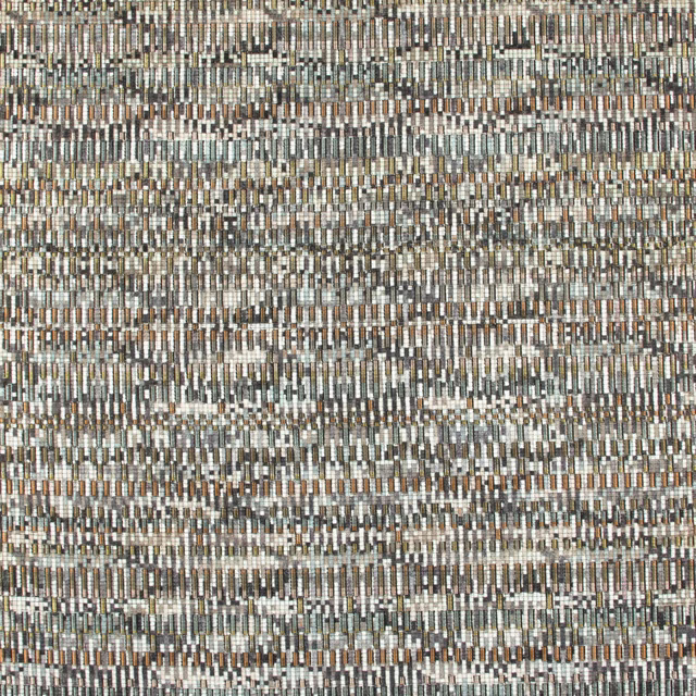 Gunmetal grey woven textile with ivory, taupe and muted rust linear flecks
