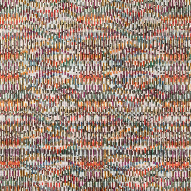 Dense multicoloured weave with red, teal, ochre and cream bar-like flecks
