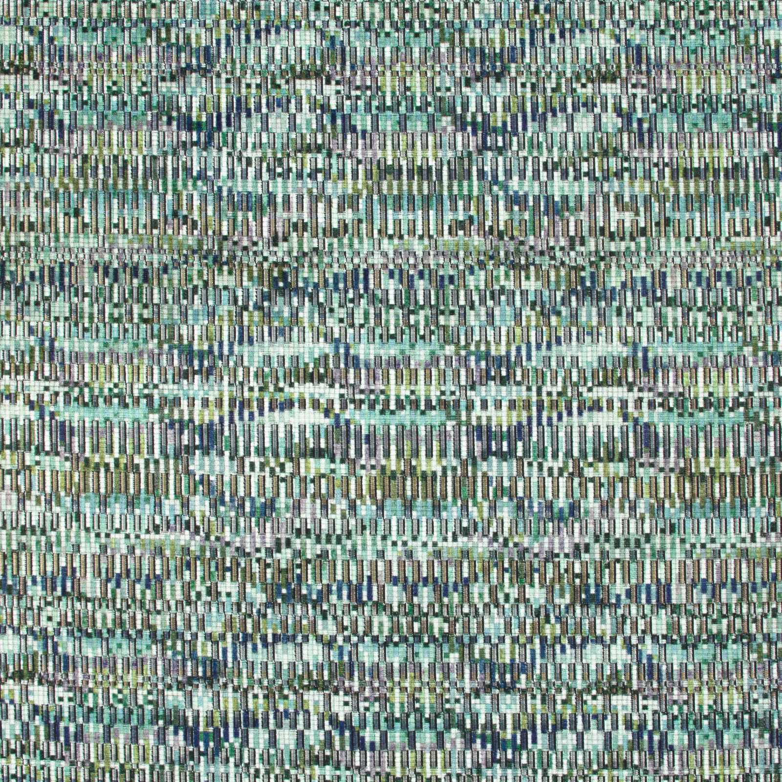 Close-up of peacock teal fabric with aqua, sage, cream and charcoal textured woven bars