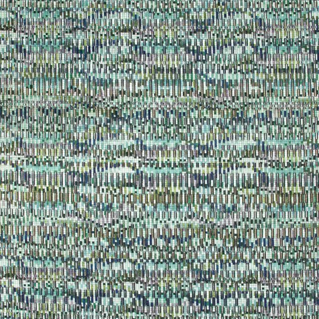 Close-up of peacock teal fabric with aqua, sage, cream and charcoal textured woven bars