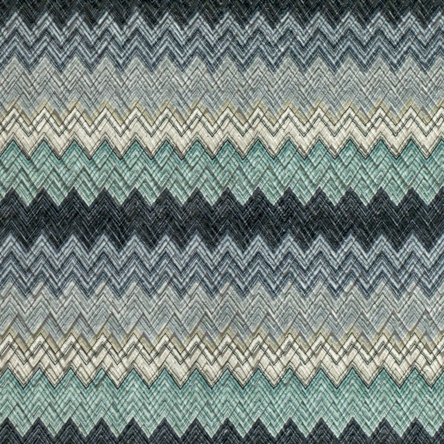 Layered teal, charcoal and ivory chevron bands in a textured woven swatch