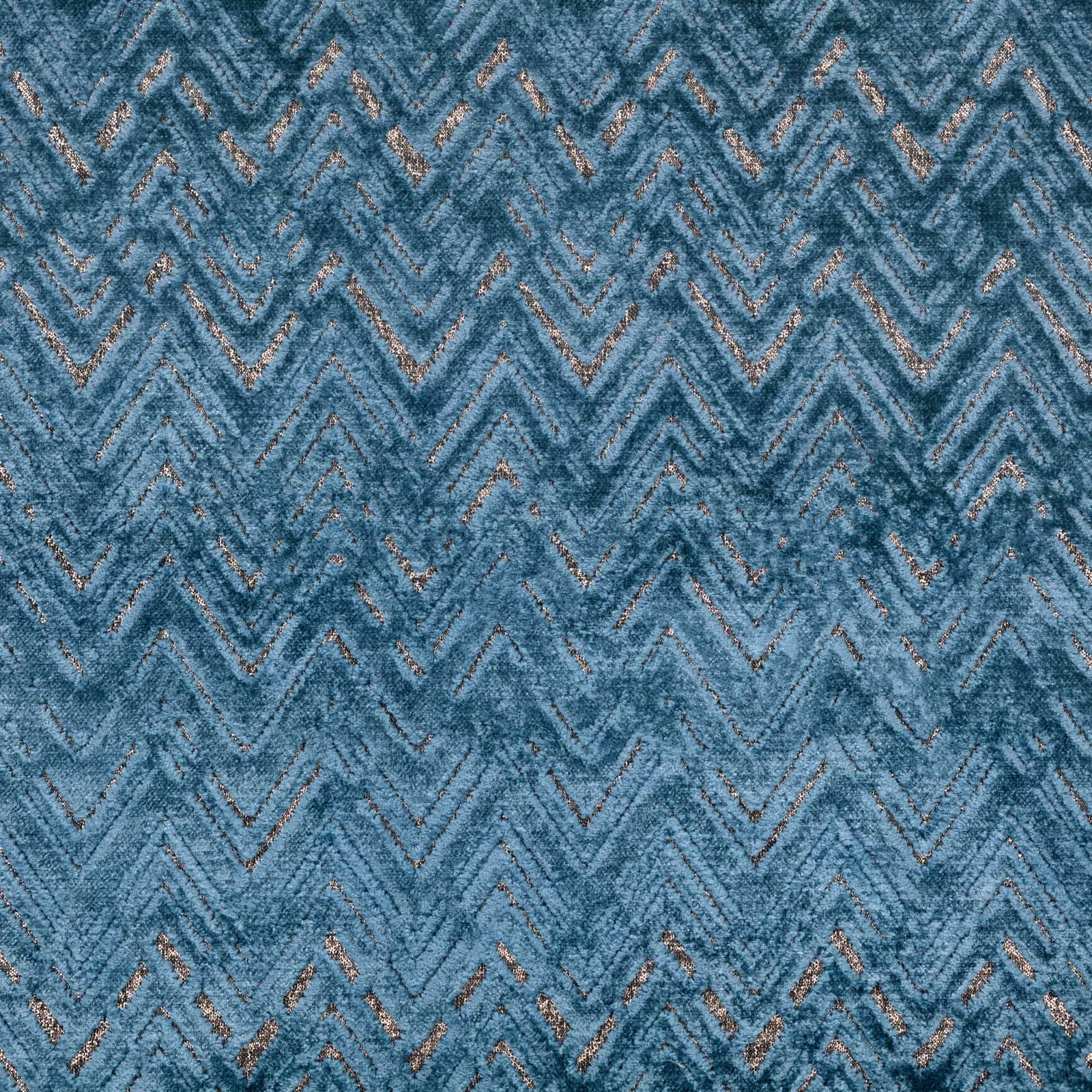 Cool blue-teal woven fabric with bronze-flecked medium chevrons and a nubby texture