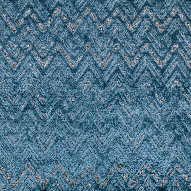 Cool blue-teal woven fabric with bronze-flecked medium chevrons and a nubby texture