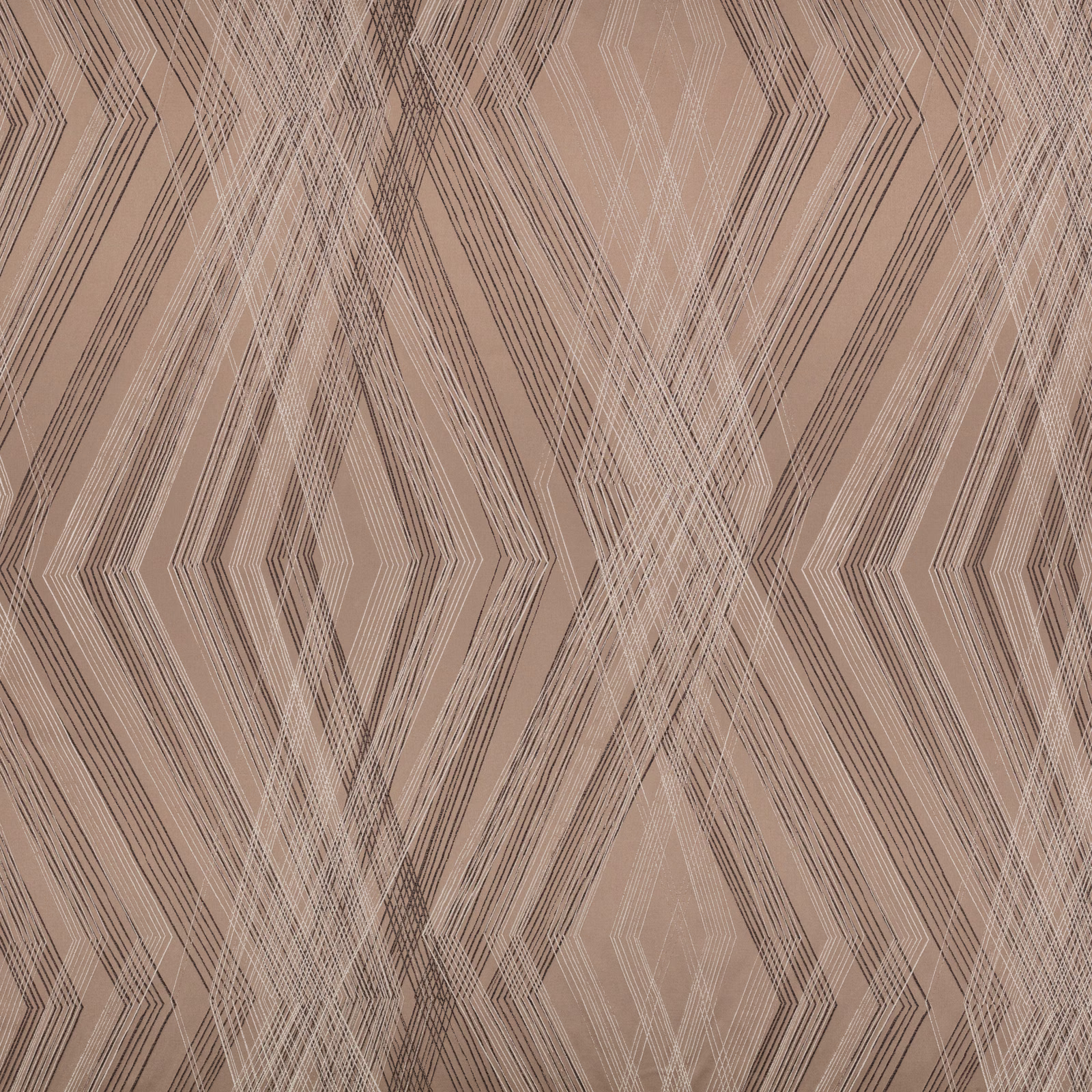 Warm taupe woven textile with layered black and ivory diamond lines