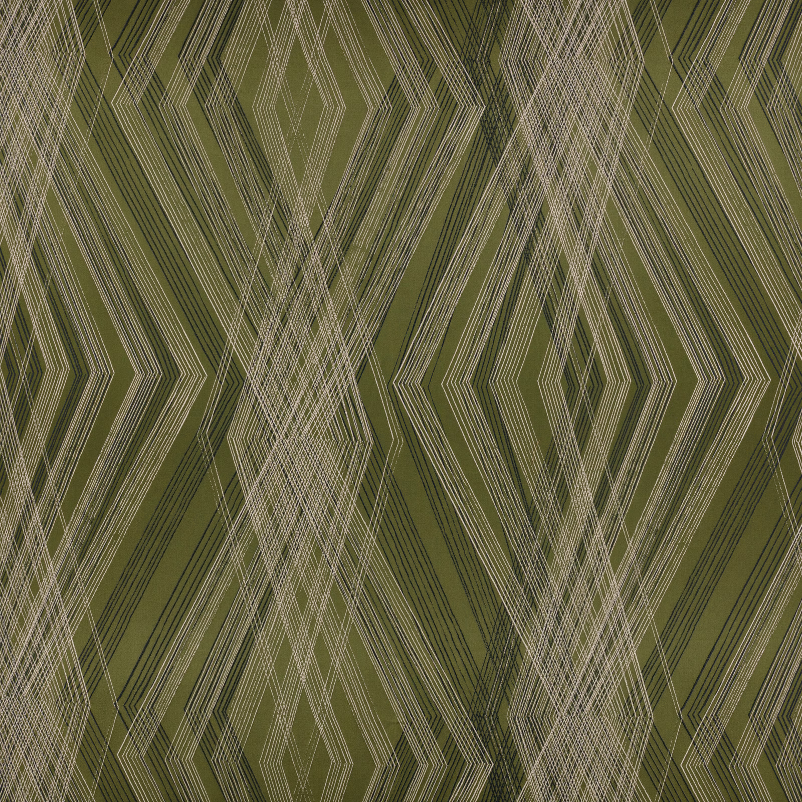 Deep olive fabric with layered pale diamond and chevron lines in a dense geometric pattern