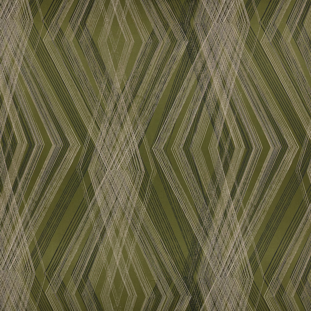 Deep olive fabric with layered pale diamond and chevron lines in a dense geometric pattern