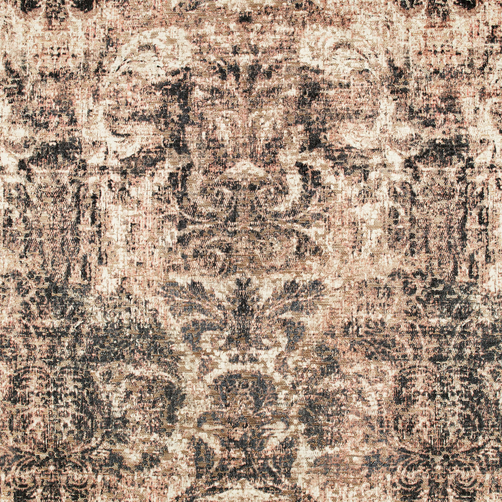 Dusty blush and taupe textile with charcoal distressed ornamental motifs and rough woven texture