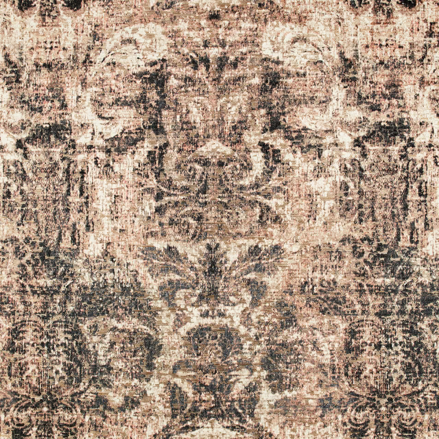 Dusty blush and taupe textile with charcoal distressed ornamental motifs and rough woven texture