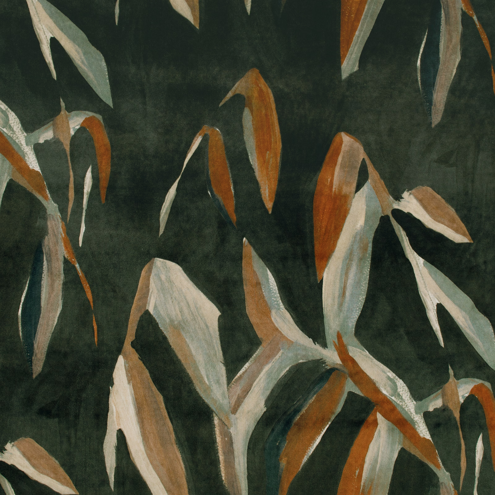 Deep forest-green fabric with painterly ivory, sage and rust botanical leaves