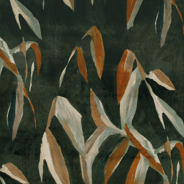 Deep forest-green fabric with painterly ivory, sage and rust botanical leaves